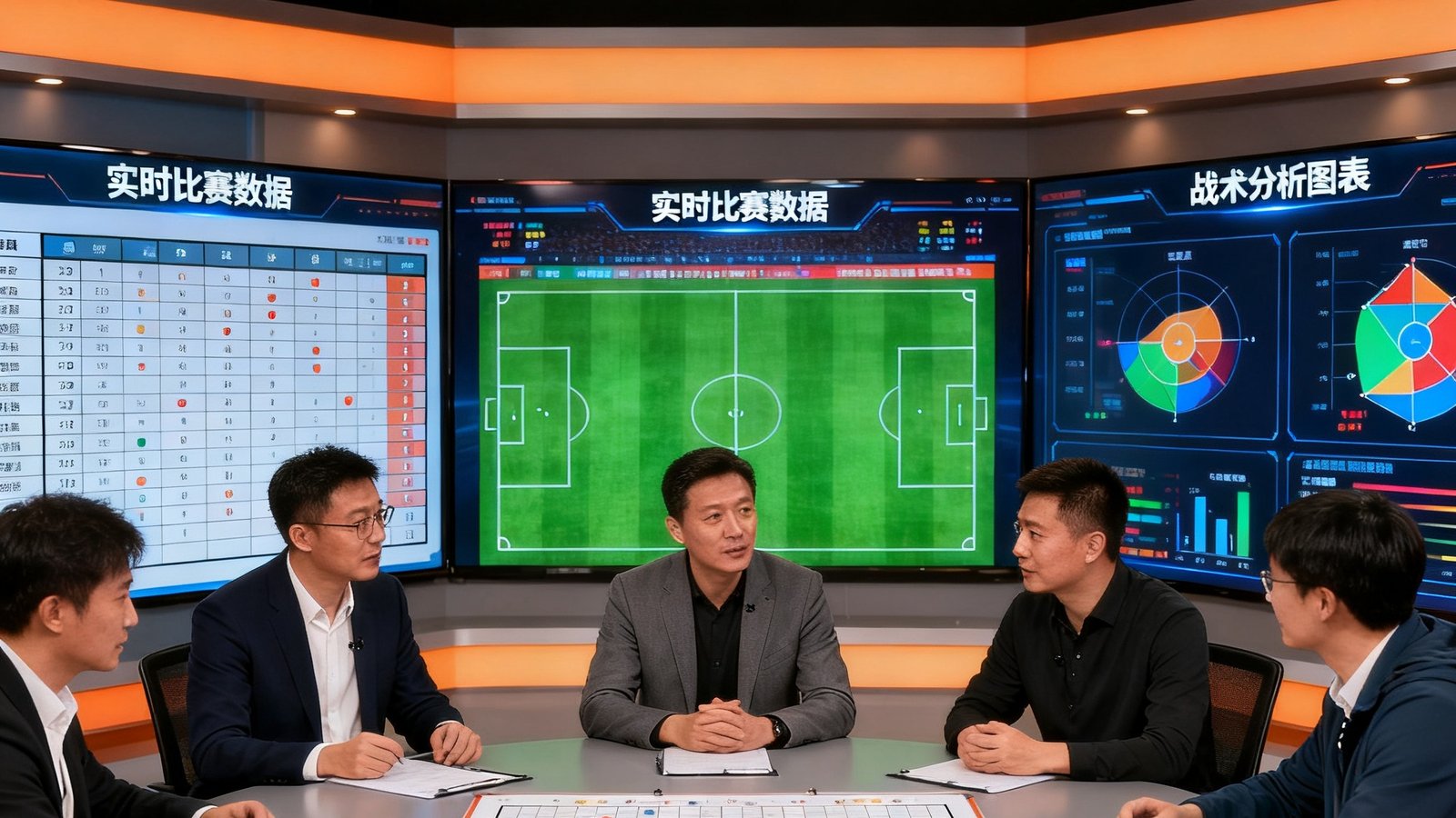天下足球网创始团队在现代化演播室中讨论比赛数据与战术板，背景是多屏数据看板